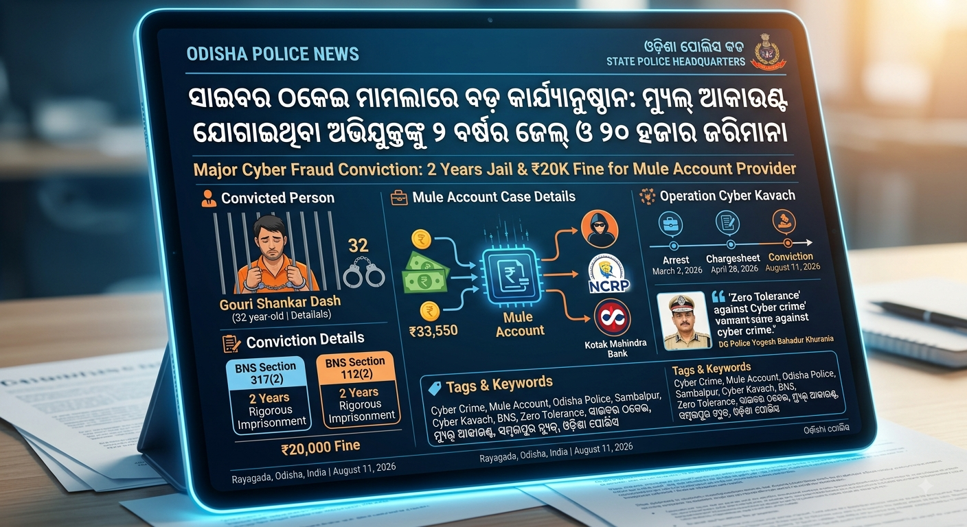 ସାଇବର ଠକେଇ ମାମଲାରେ ବଡ଼ କାର୍ଯ୍ୟାନୁଷ୍ଠାନ: ମ୍ୟୁଲ୍ ଆକାଉଣ୍ଟ୍ ଯୋଗାଇଥିବା ଅଭିଯୁକ୍ତଙ୍କୁ ୨ ବର୍ଷର ଜେଲ୍ ଓ ୨୦ ହଜାର ଜରିମାନା